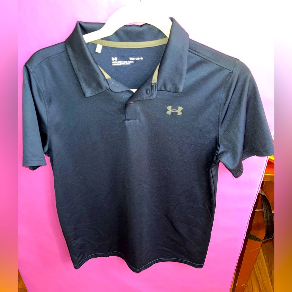 Under Armour Heat Gear Polo Shirt Boys-Large-Blue Short Sleeve Stretch loose fit